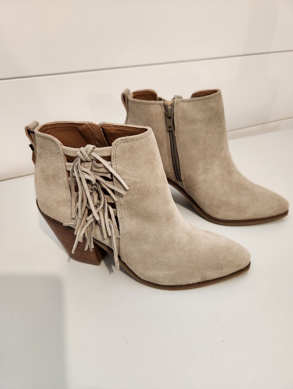 Crevo Taupe Suede Fringe Ankle Booties - Andi